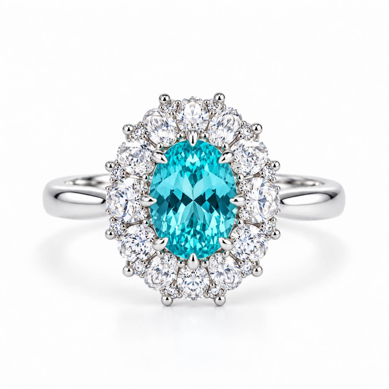 Halo setting oval cut  lab grown Paraiba engagement ring