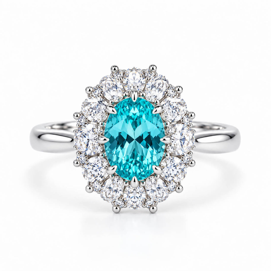Halo setting oval cut  lab grown Paraiba engagement ring