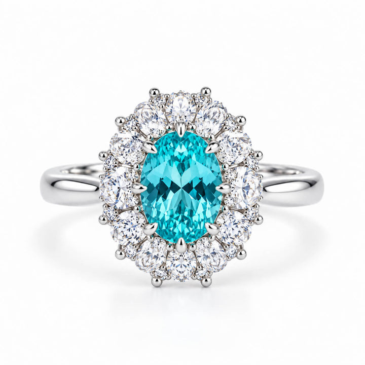 Halo setting oval cut  lab grown Paraiba engagement ring