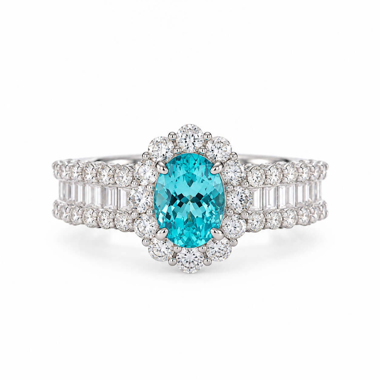 Halo setting oval cut  lab grown Paraiba engagement ring