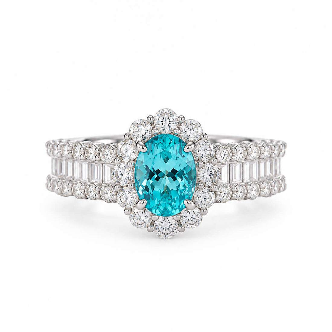 Halo setting oval cut  lab grown Paraiba engagement ring
