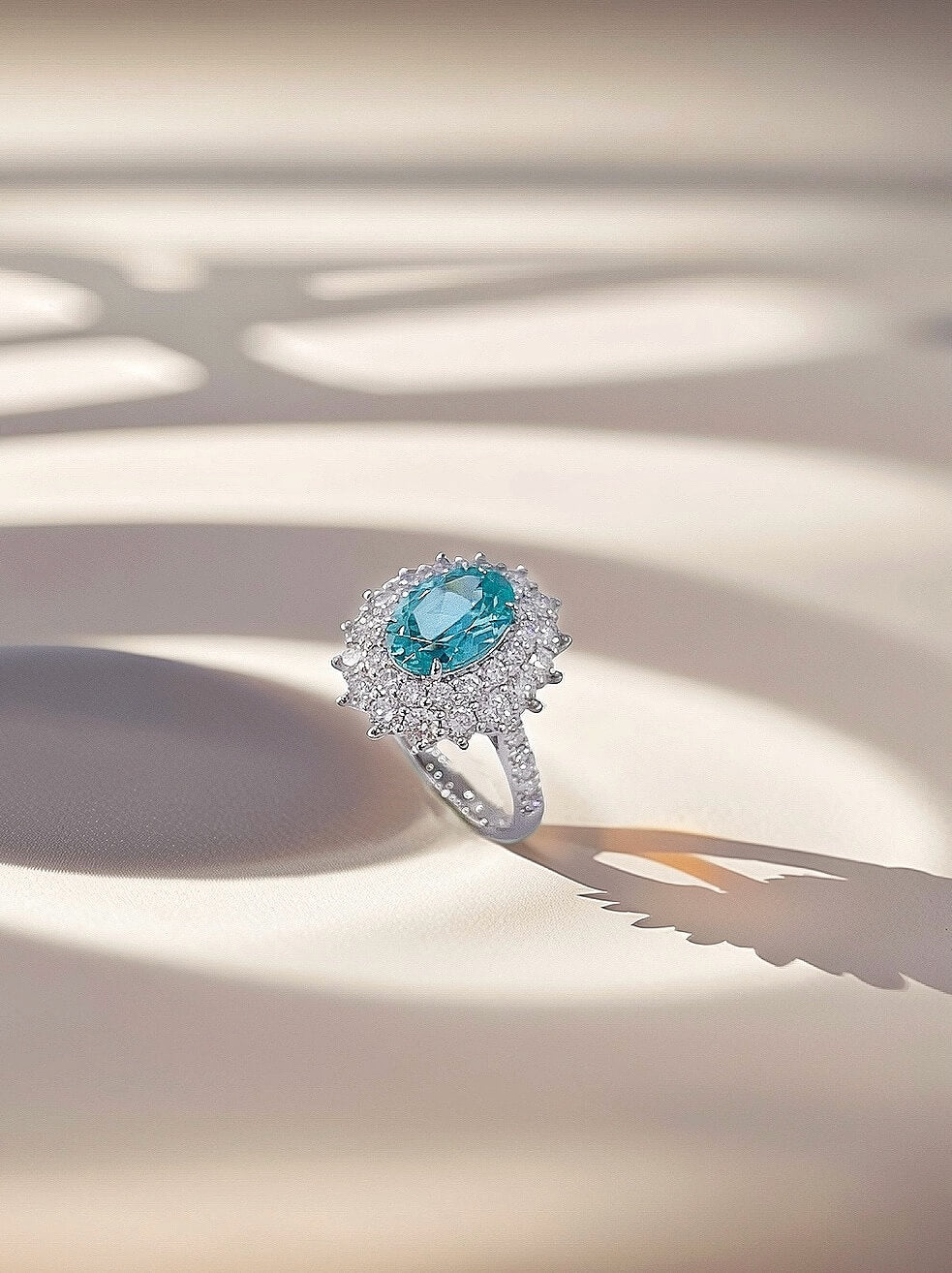 Halo setting oval cut  lab grown Paraiba engagement ring