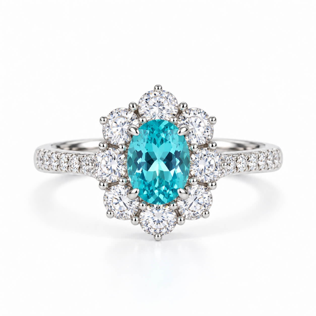Halo setting oval cut  lab grown Paraiba engagement ring