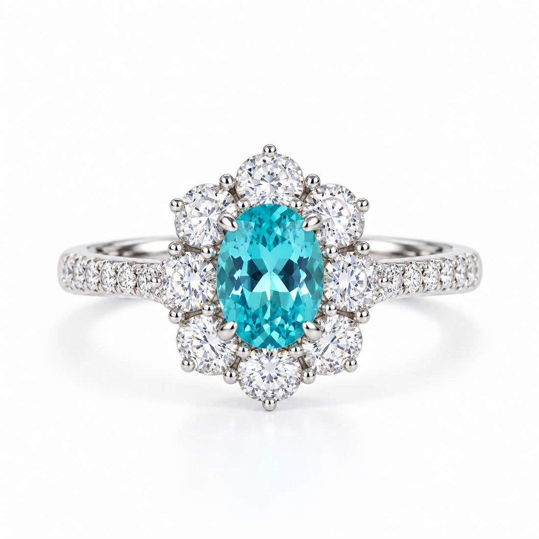 Halo setting oval cut  lab grown Paraiba engagement ring