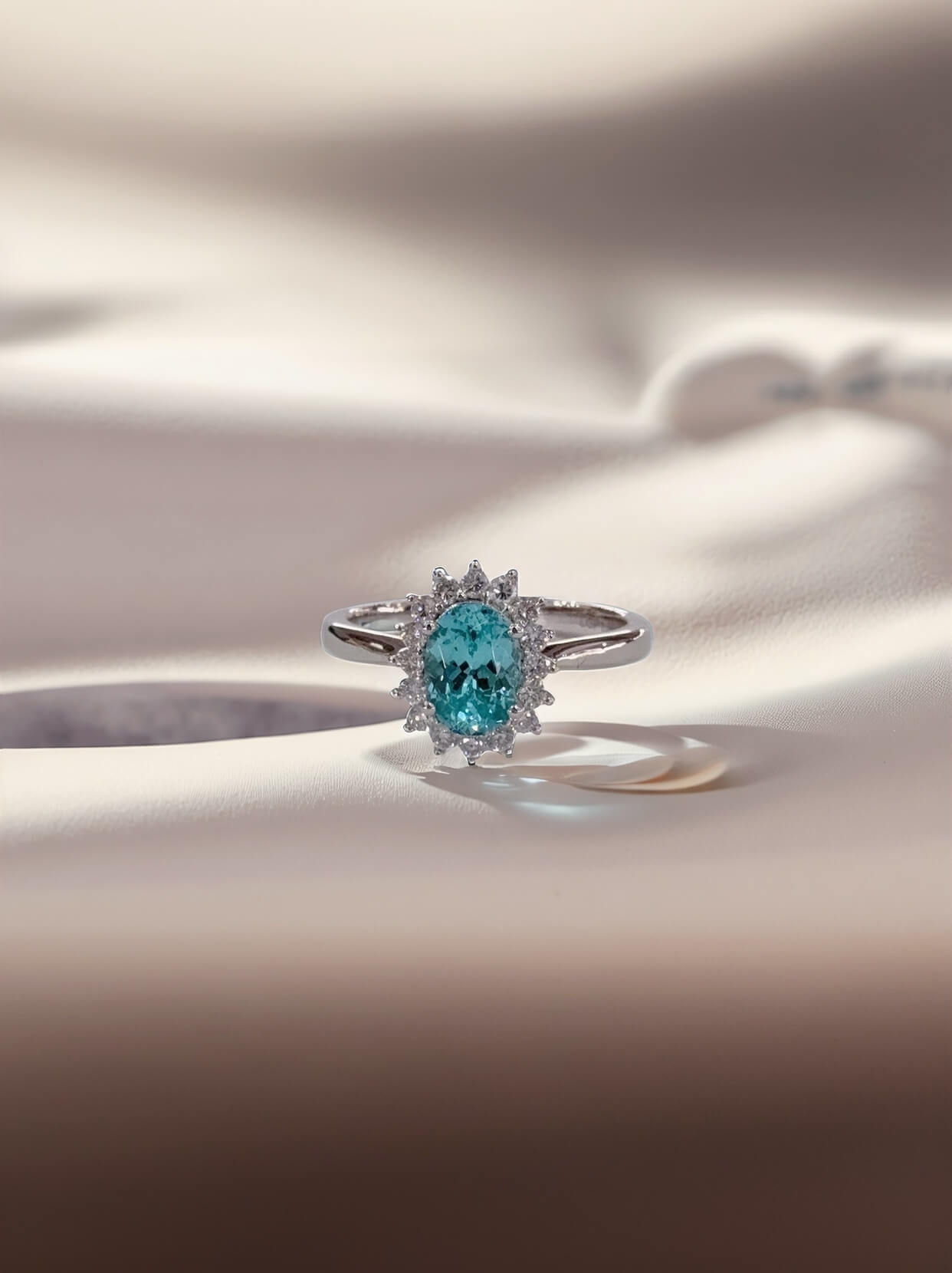 Halo setting oval cut  lab grown Paraiba engagement ring