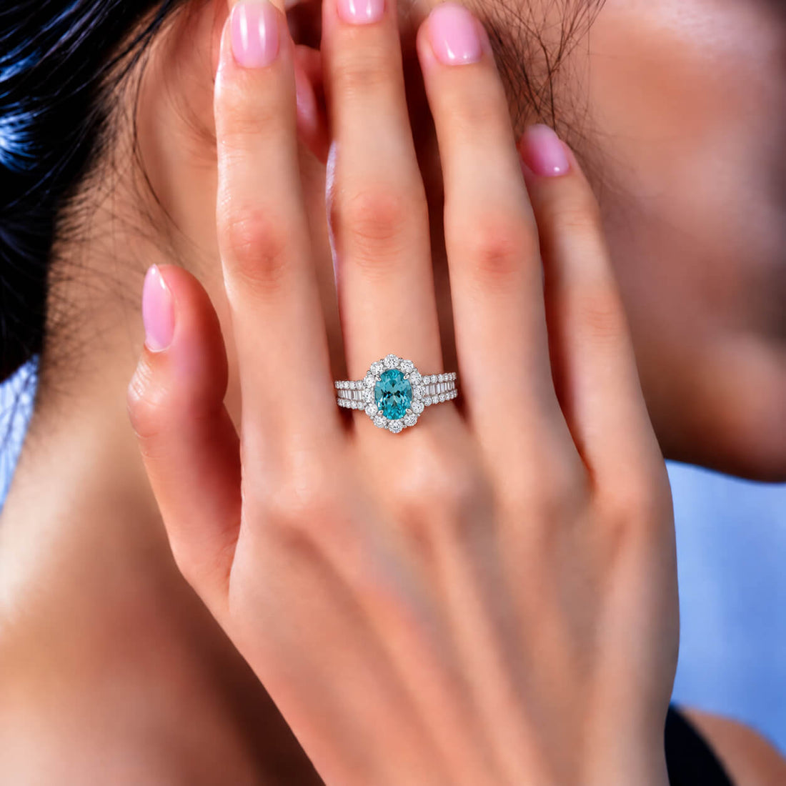 Halo setting oval cut  lab grown Paraiba engagement ring
