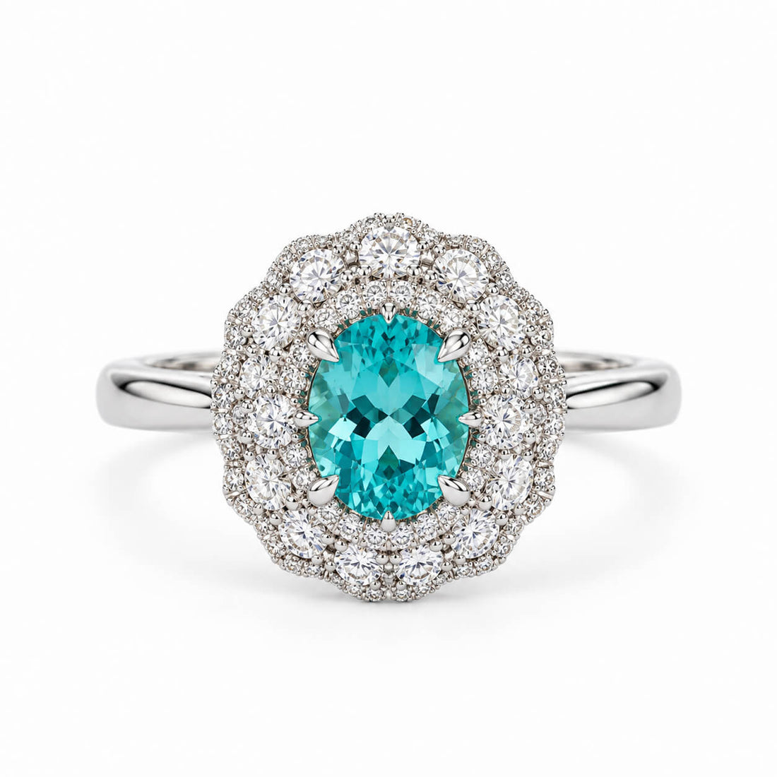 Halo setting oval cut  lab grown Paraiba engagement ring