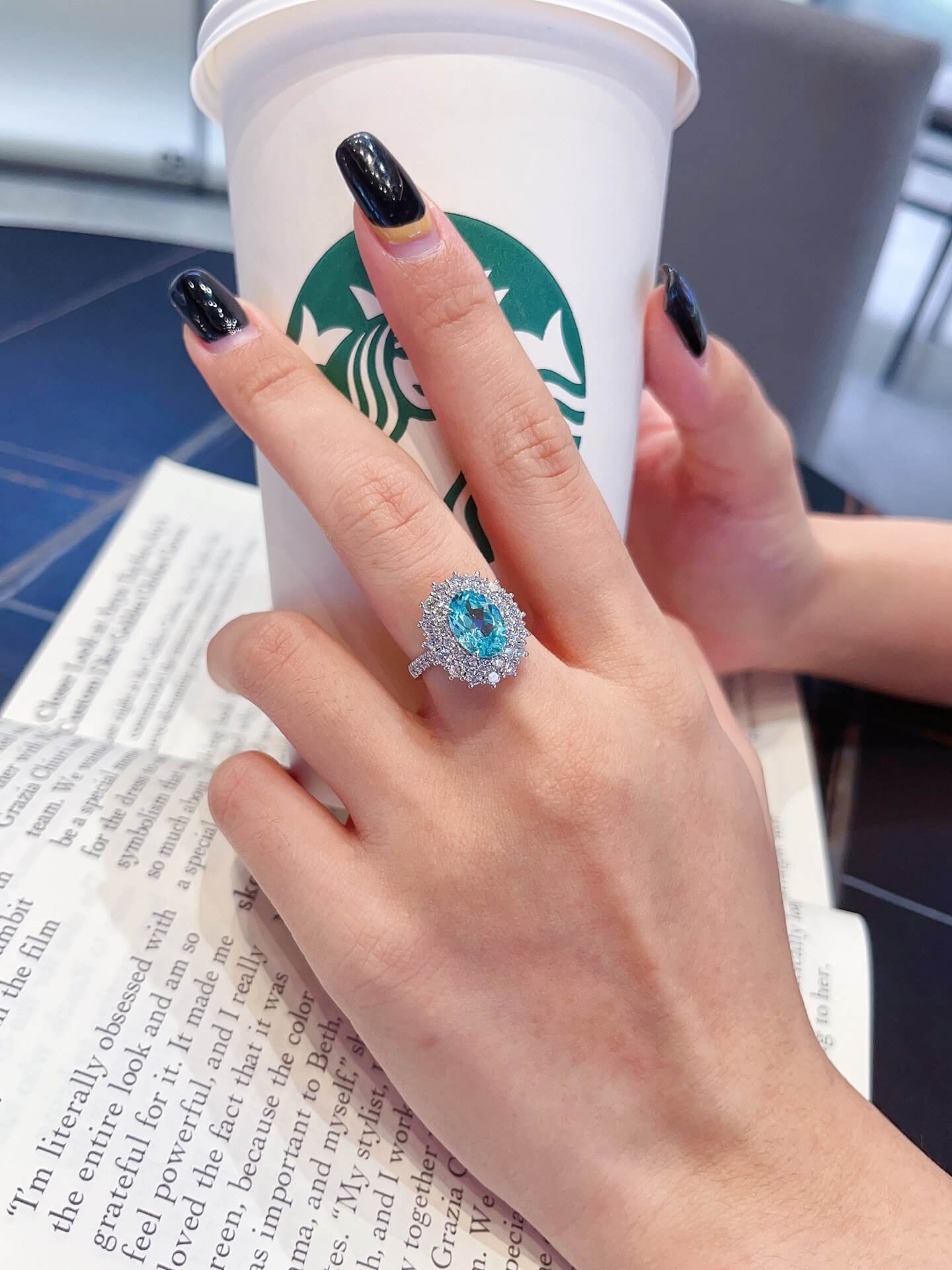 Halo setting oval cut  lab grown Paraiba engagement ring