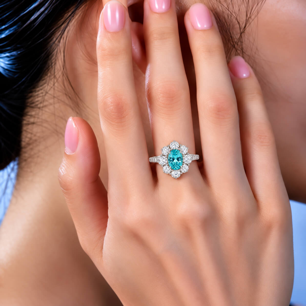 Halo setting oval cut  lab grown Paraiba engagement ring