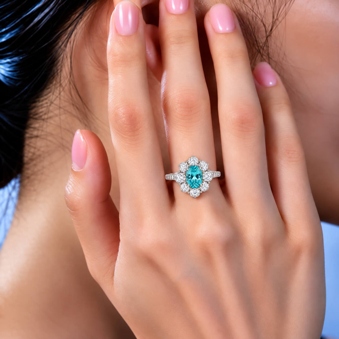 Halo setting oval cut  lab grown Paraiba engagement ring
