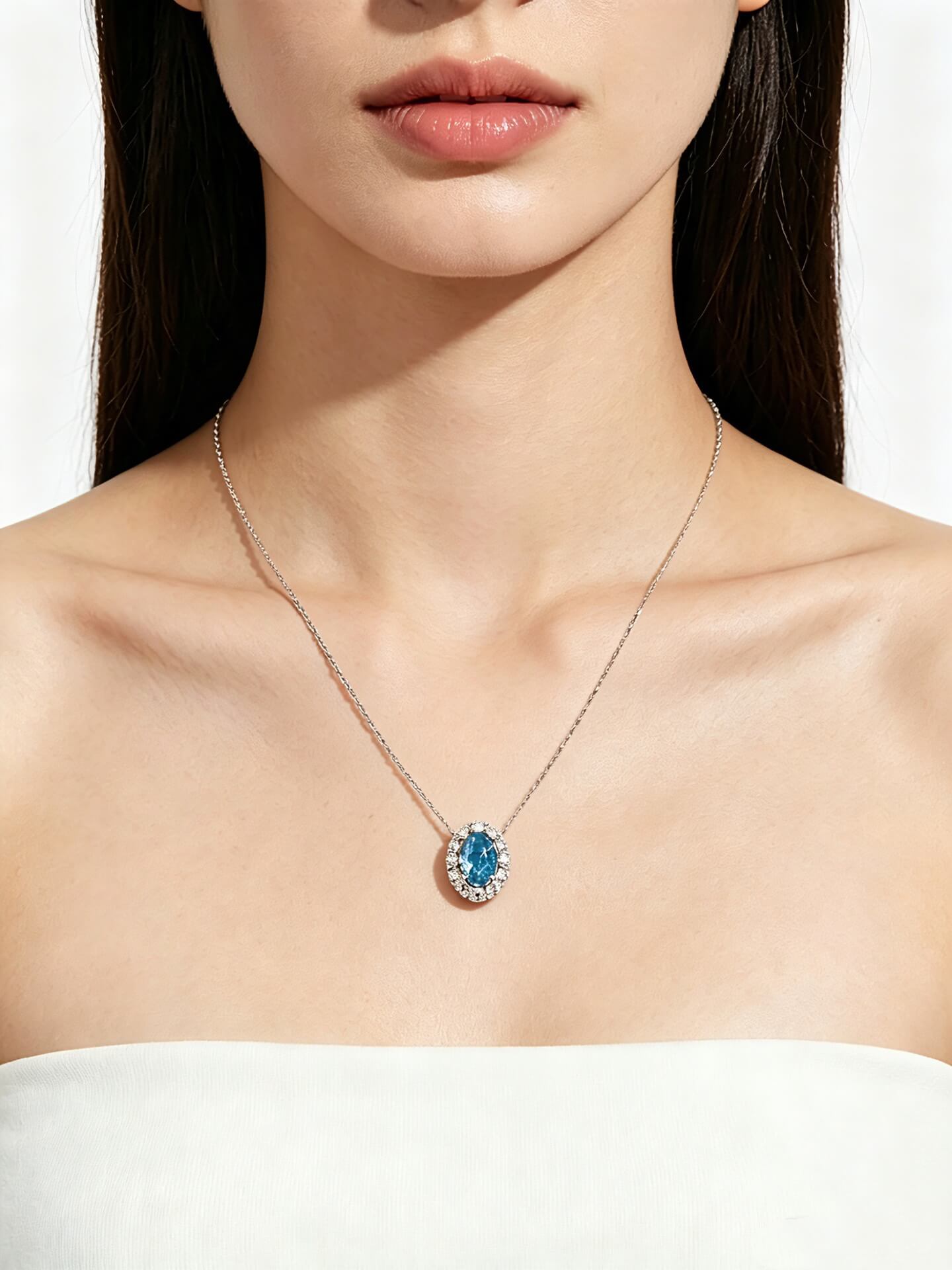 Halo setting oval cut lab grown blue diamond necklace