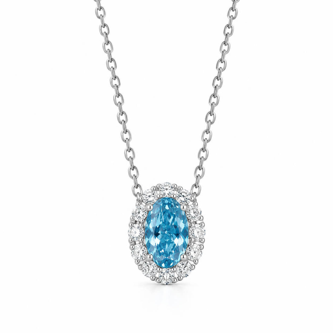 Halo setting oval cut lab grown blue diamond necklace