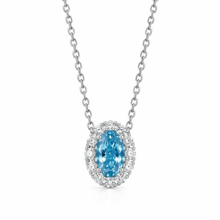 Halo setting oval cut lab grown blue diamond necklace