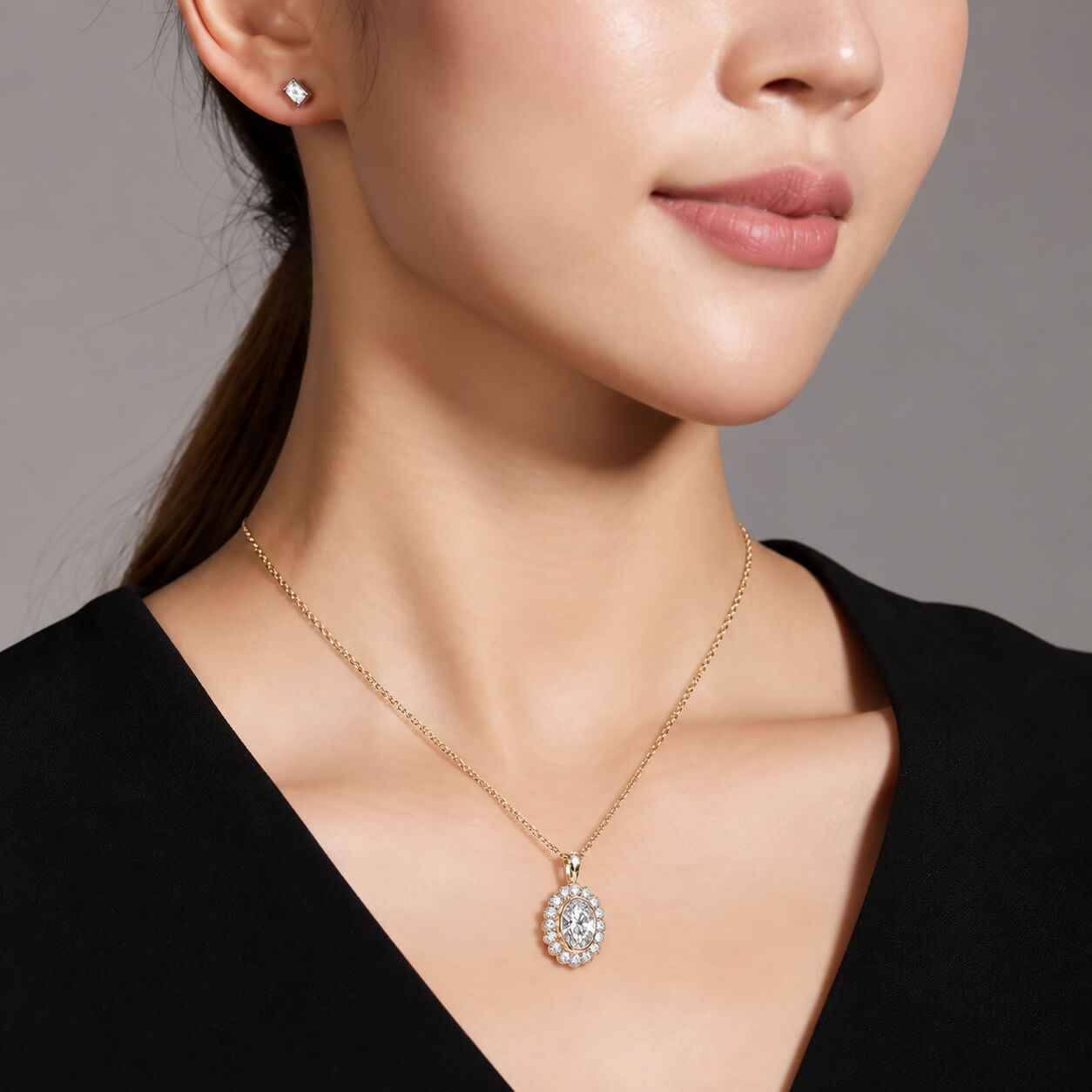Halo setting oval cut lab grown diamond pendant necklace