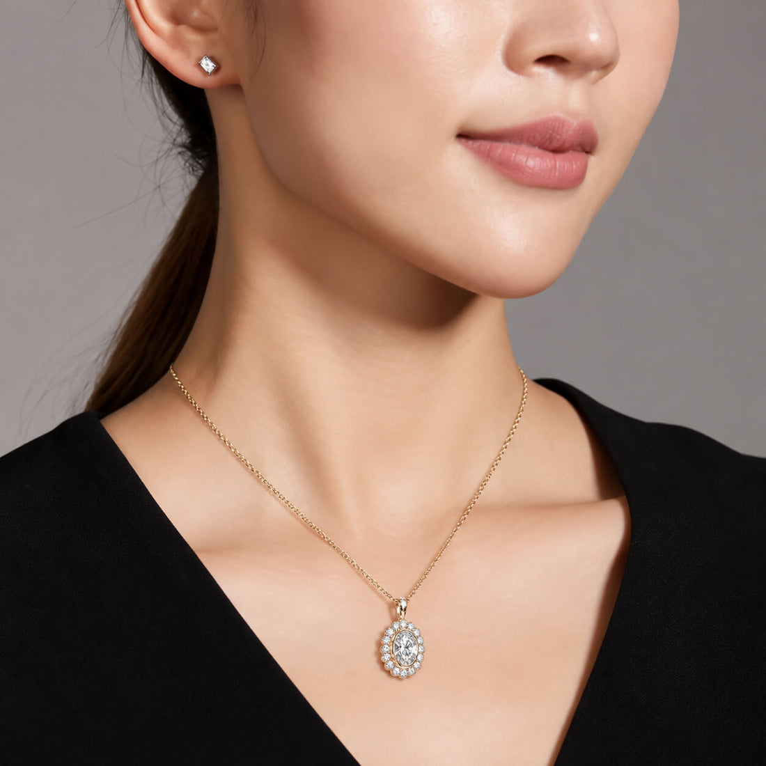 Halo setting oval cut lab grown diamond pendant necklace