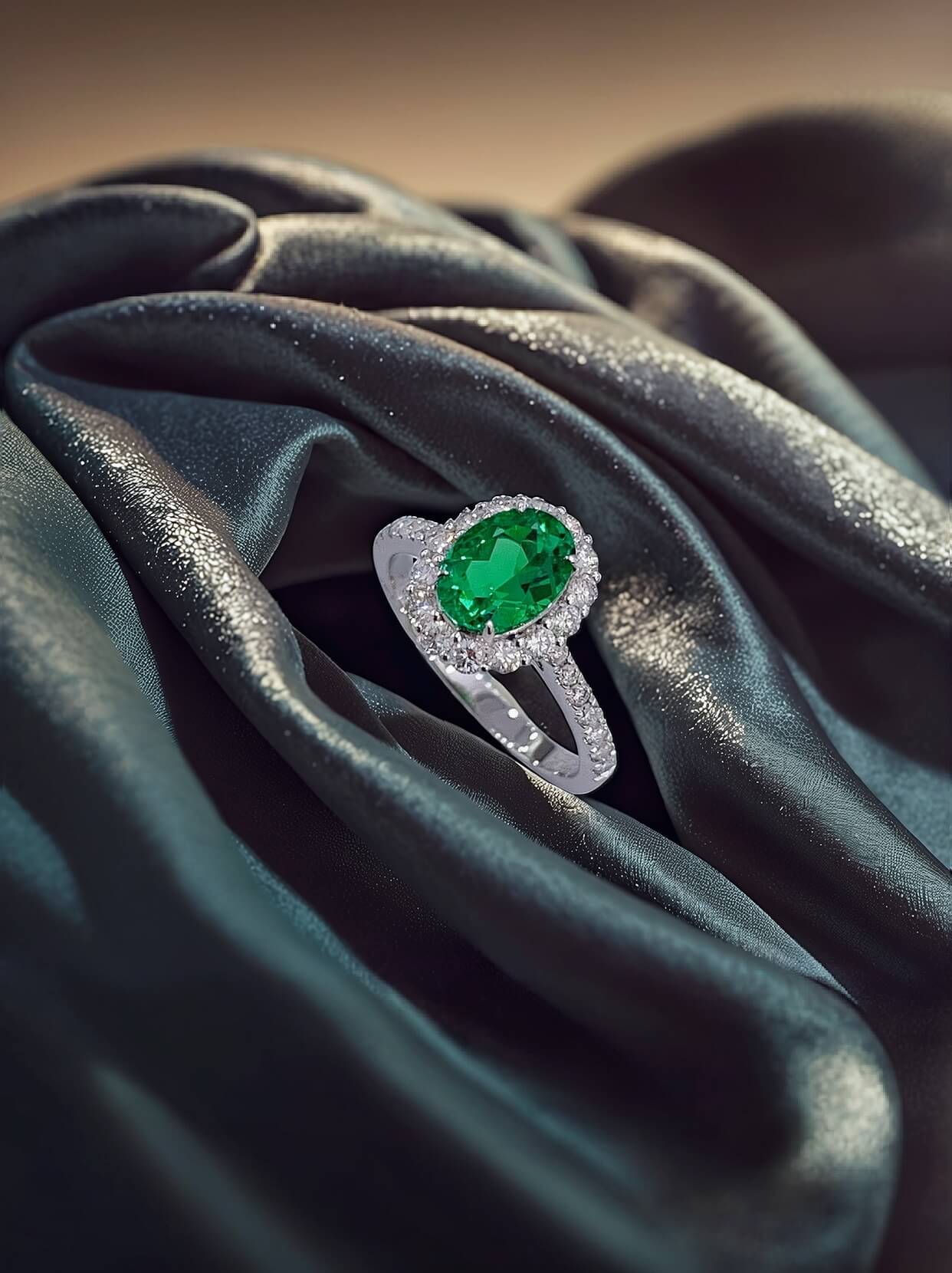 Halo setting oval cut lab grown emerald engagement ring
