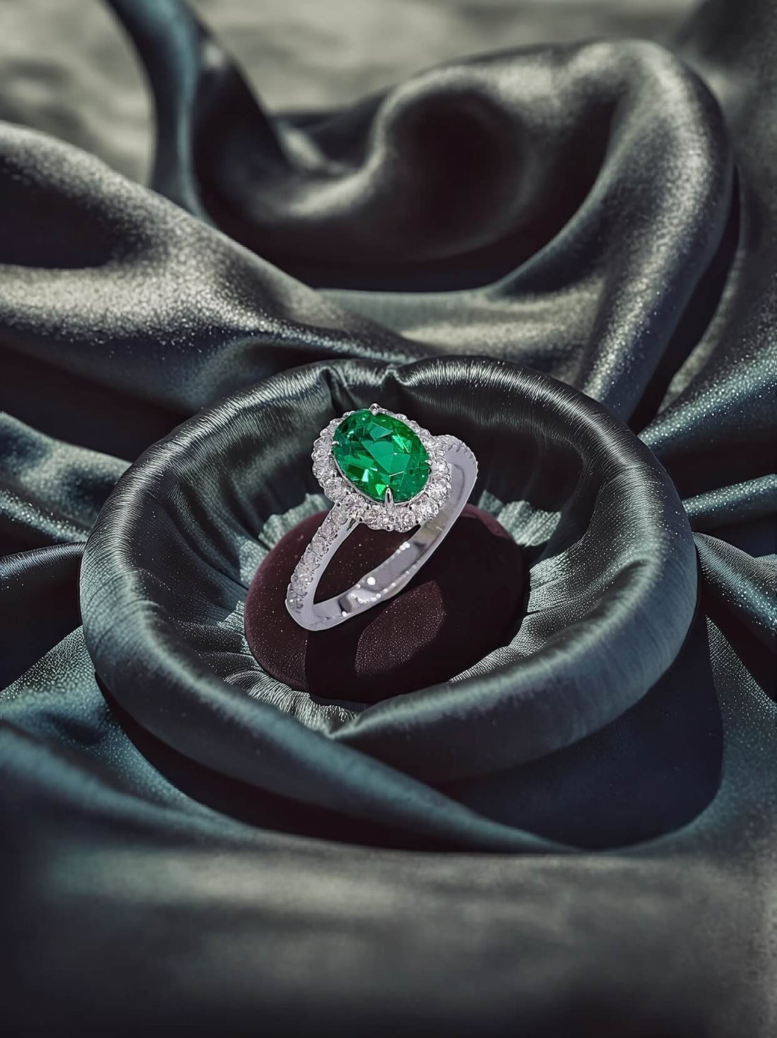 Halo setting oval cut lab grown emerald engagement ring