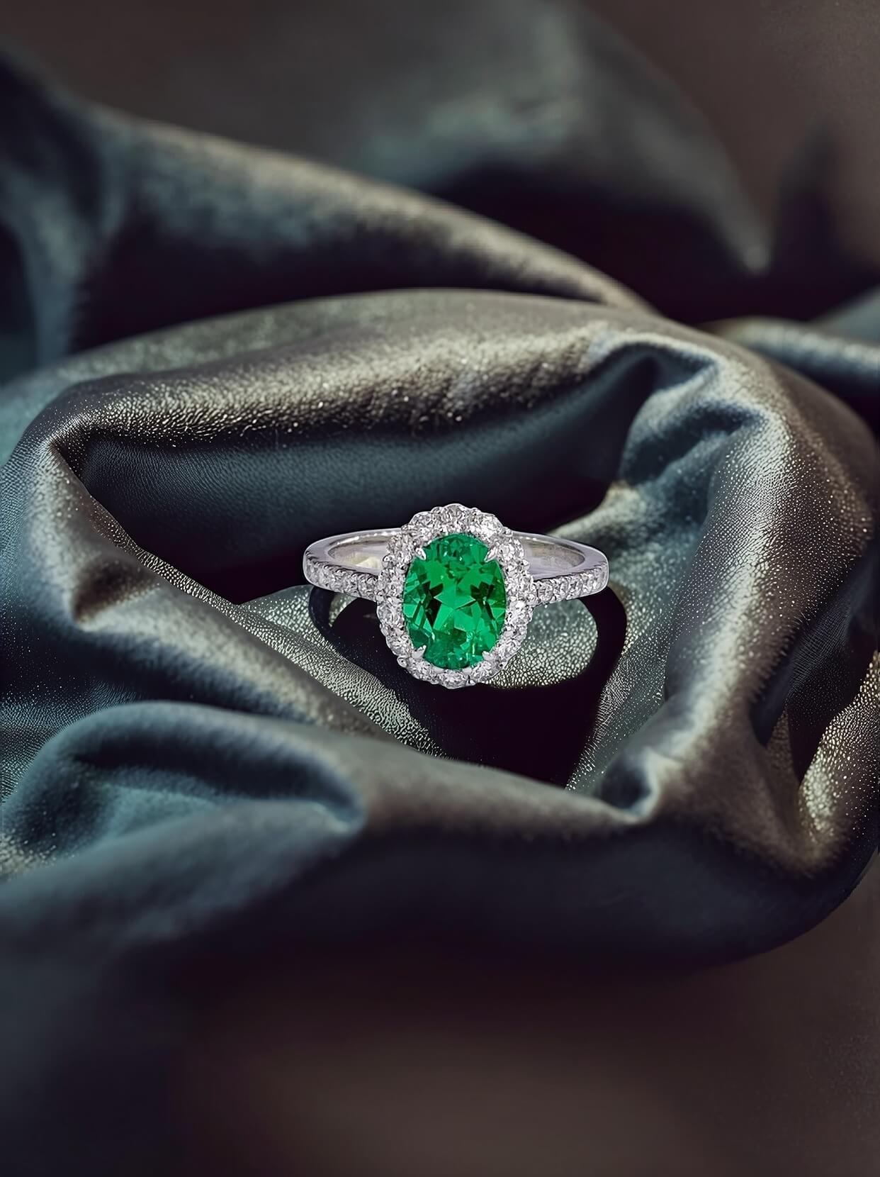 Halo setting oval cut lab grown emerald engagement ring