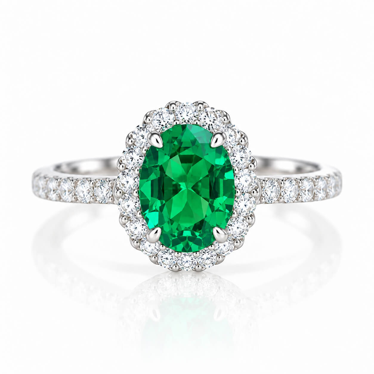 Halo setting oval cut lab grown emerald engagement ring