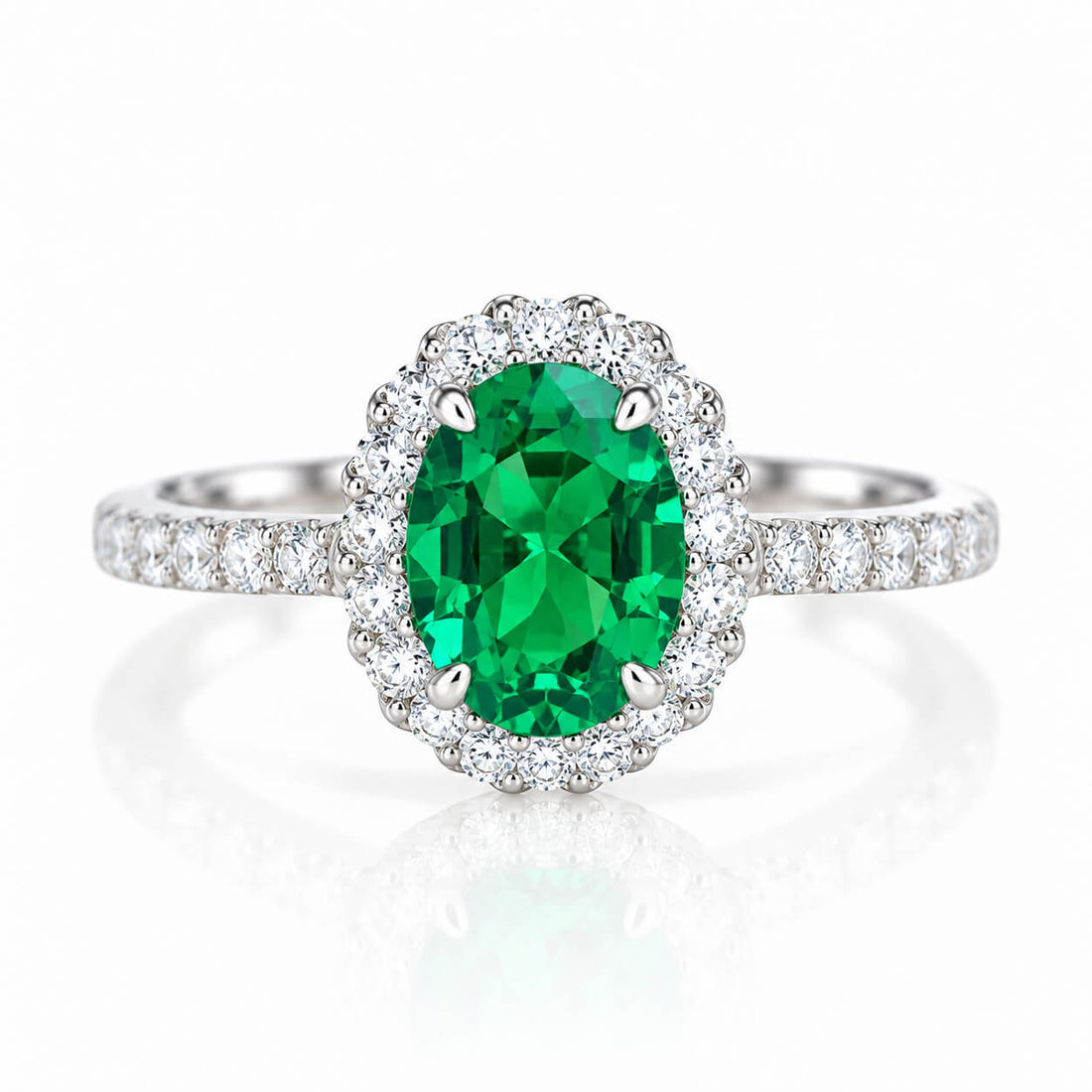 Halo setting oval cut lab grown emerald engagement ring