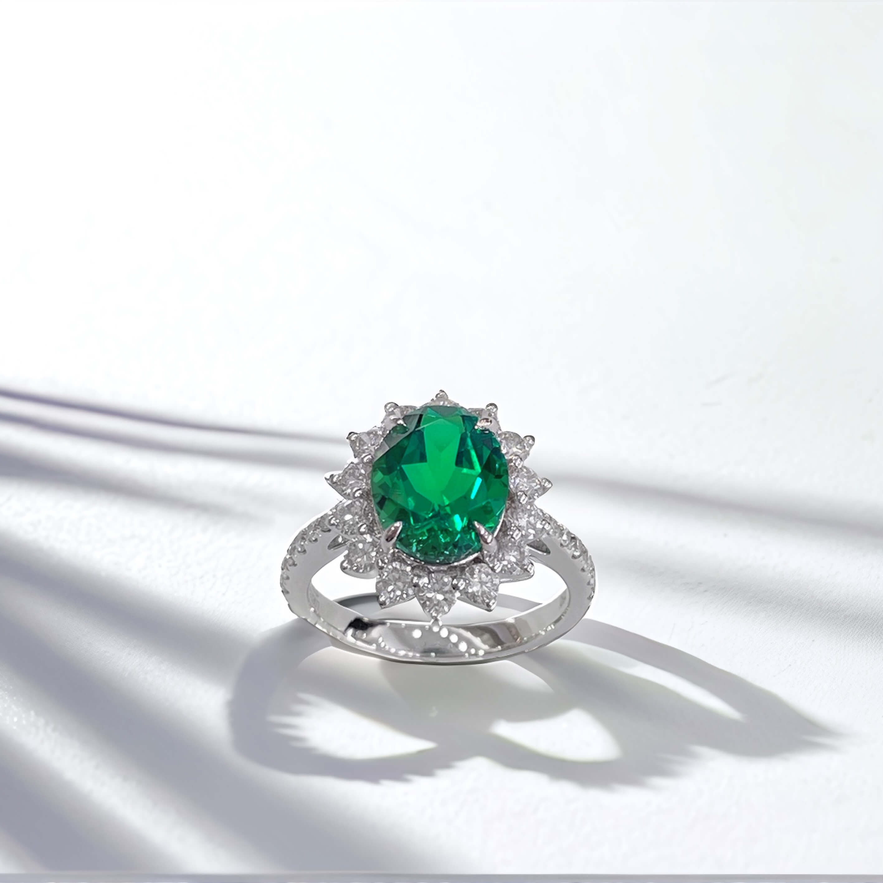 Halo setting oval cut lab grown emerald engagement ring