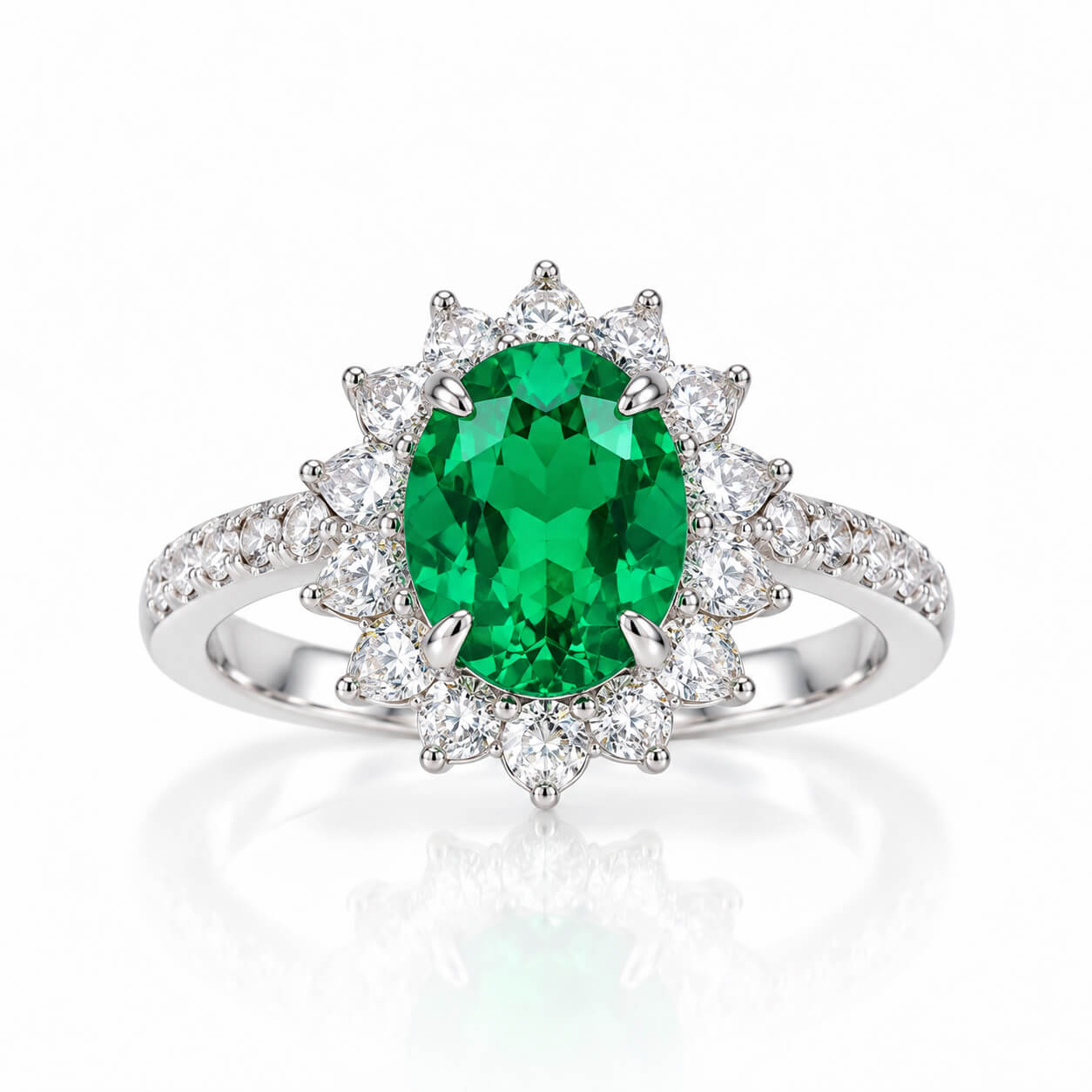 Halo setting oval cut lab grown emerald engagement ring