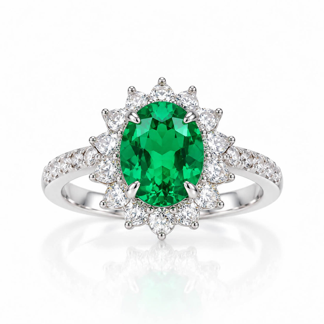 Halo setting oval cut lab grown emerald engagement ring