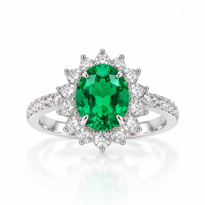 Halo setting oval cut lab grown emerald engagement ring