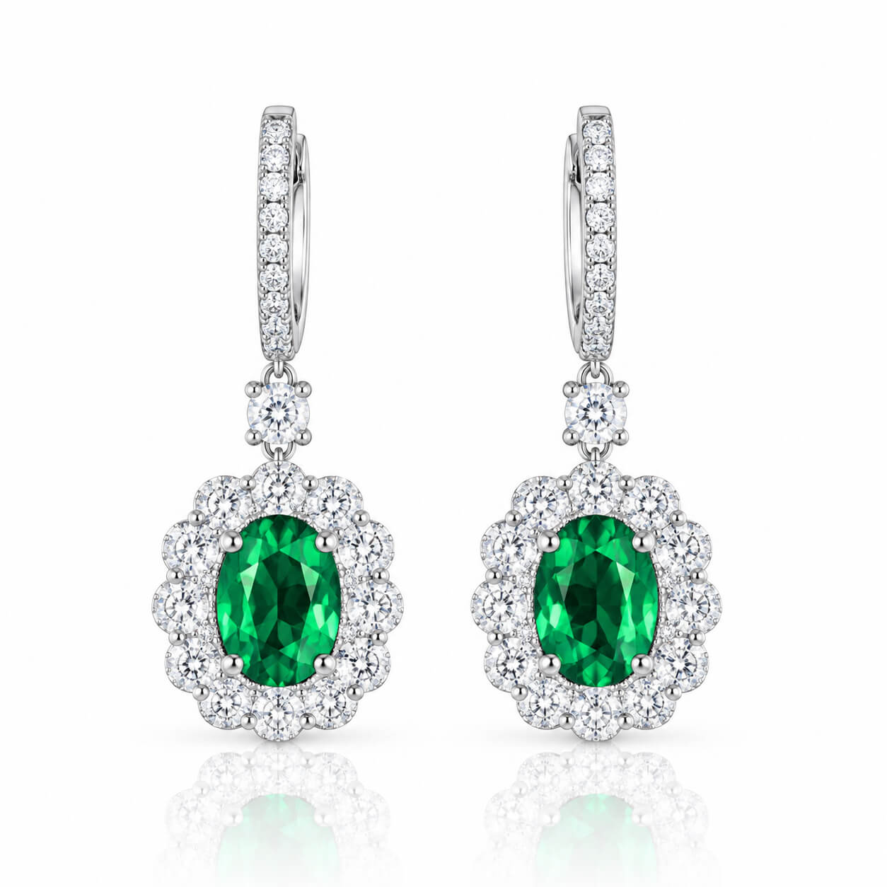 Halo setting oval cut lab grown emerald hoop earrings
