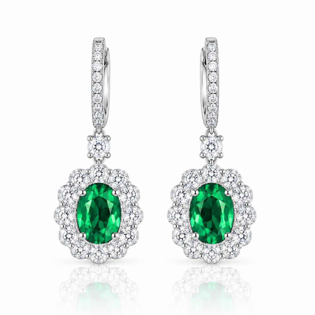 Halo setting oval cut lab grown emerald hoop earrings