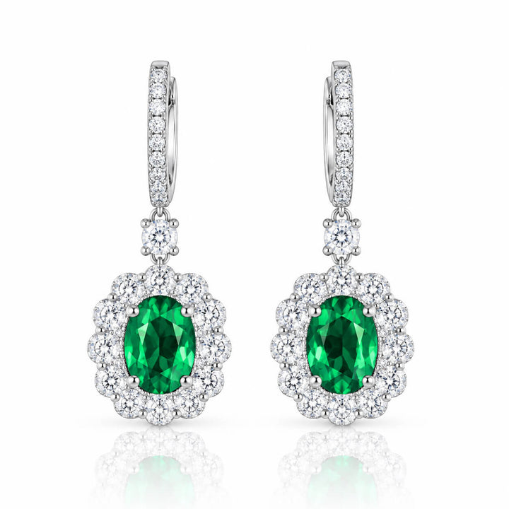 Halo setting oval cut lab grown emerald hoop earrings