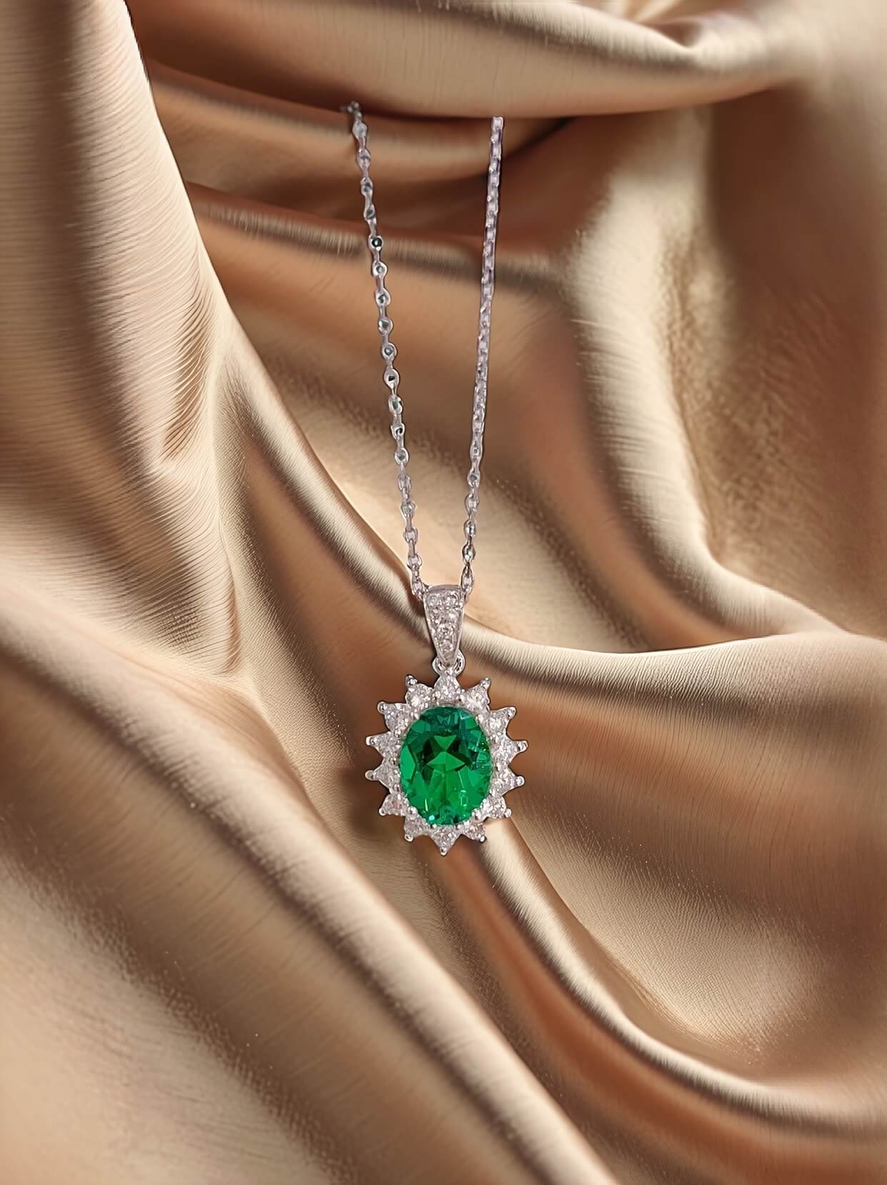Halo setting oval cut lab grown emerald pendant necklace