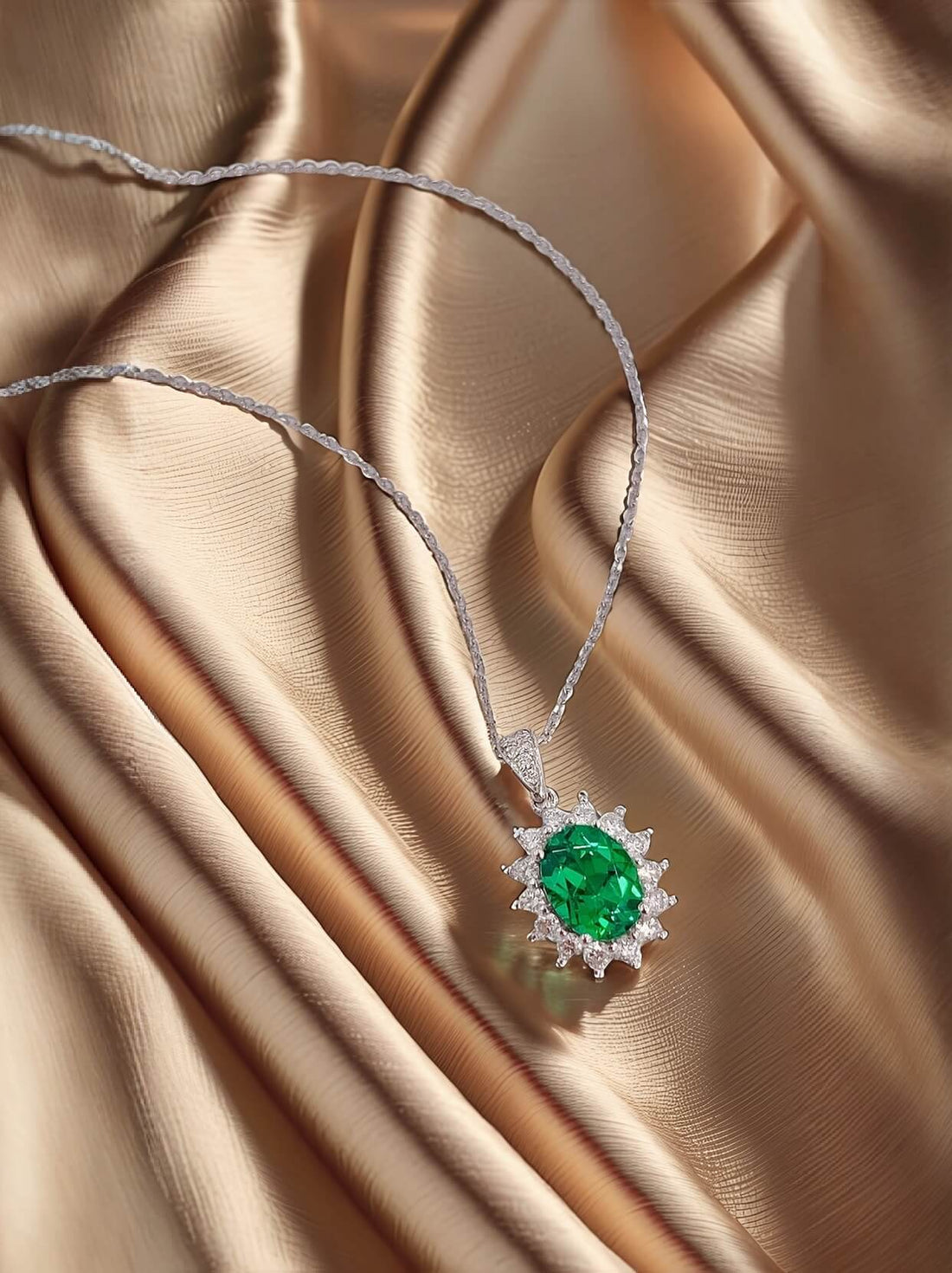 Halo setting oval cut lab grown emerald pendant necklace