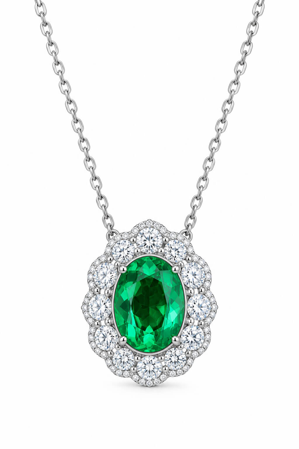 Halo setting oval cut lab grown emerald pendant necklace