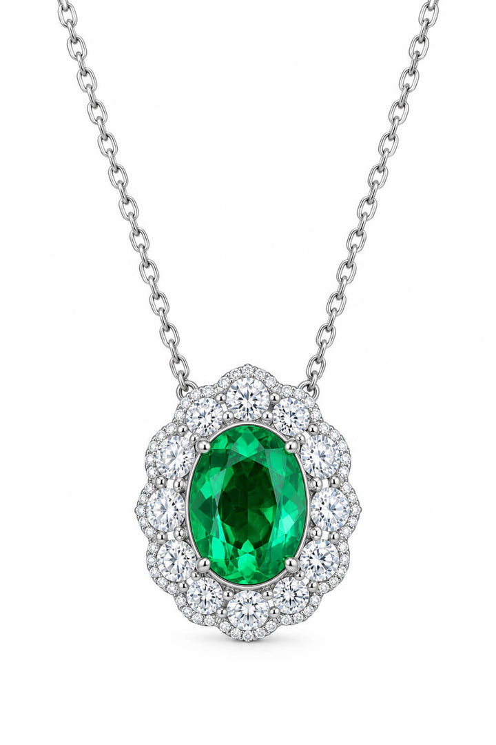 Halo setting oval cut lab grown emerald pendant necklace