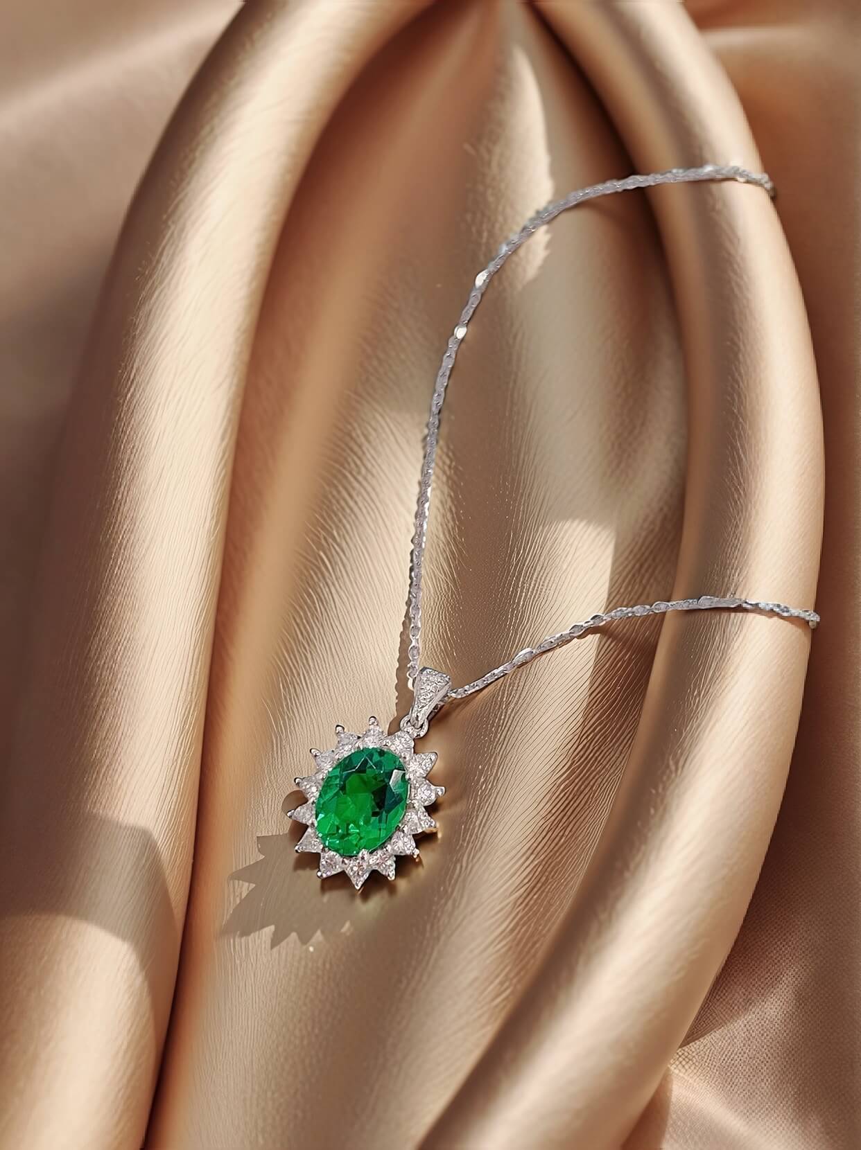 Halo setting oval cut lab grown emerald pendant necklace