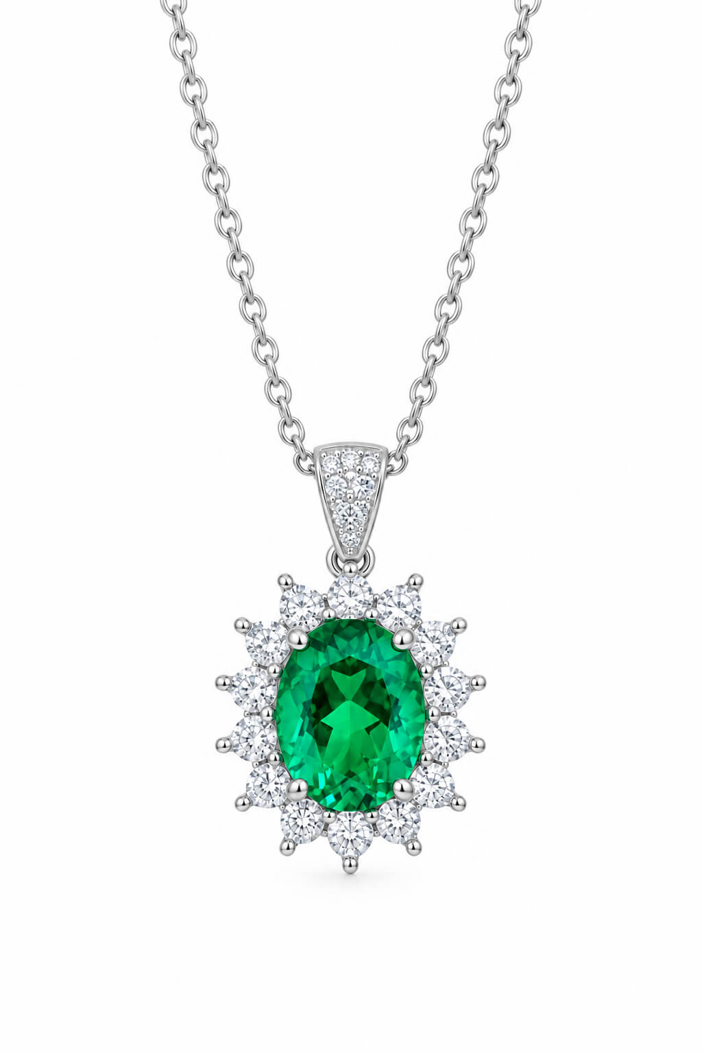 Halo setting oval cut lab grown emerald pendant necklace
