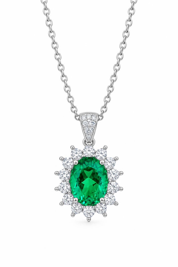 Halo setting oval cut lab grown emerald pendant necklace