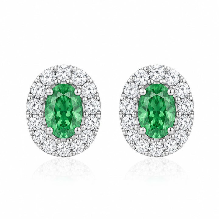 Halo setting oval cut lab grown green diamond earrings stud