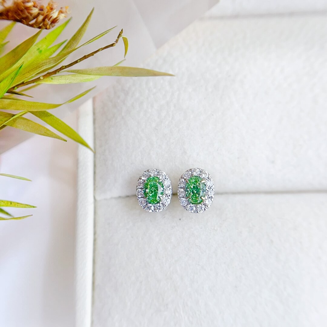 Halo setting oval cut lab grown green diamond earrings stud