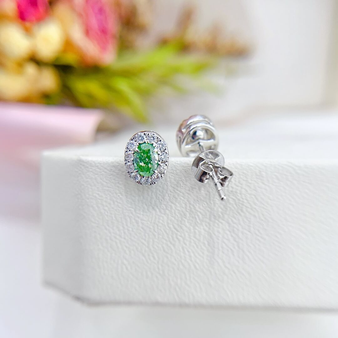 Halo setting oval cut lab grown green diamond earrings stud