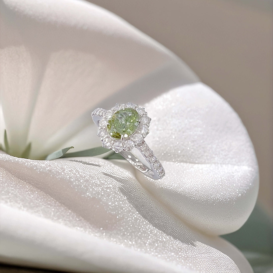 Halo setting oval cut lab grown green diamond engagement ring