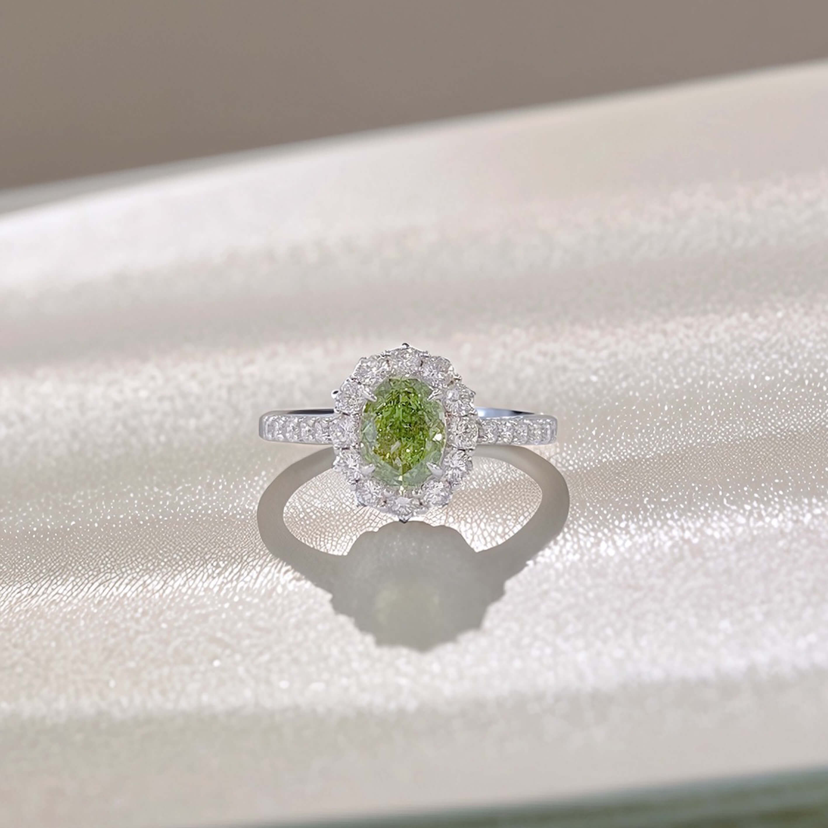 Halo setting oval cut lab grown green diamond engagement ring