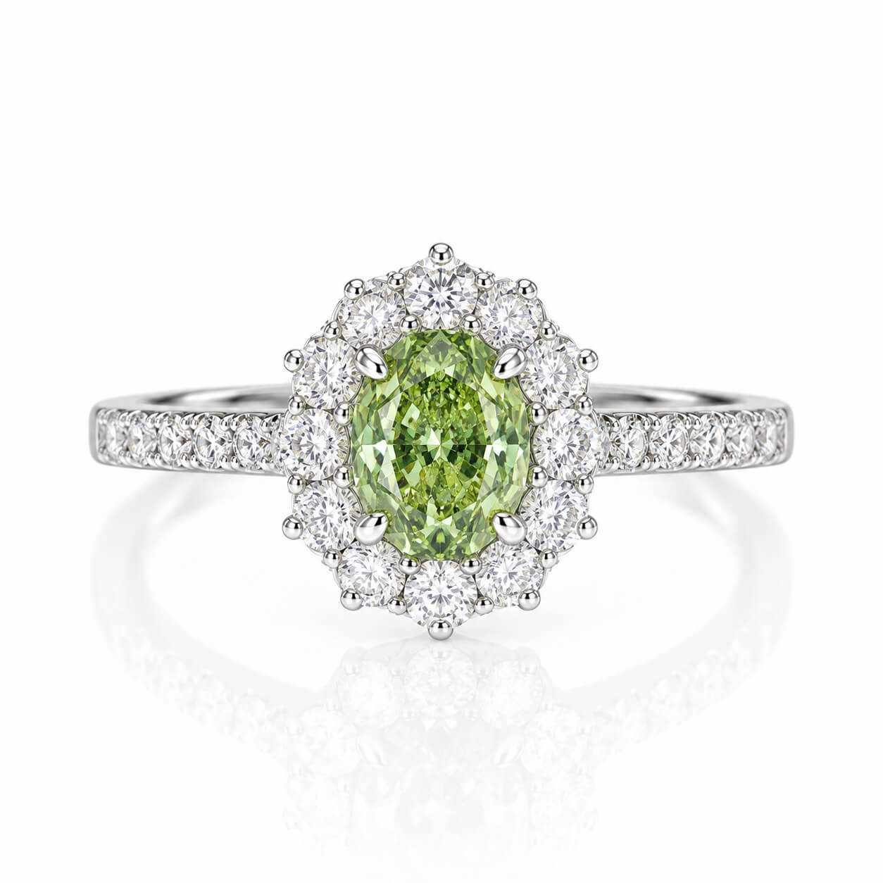 Halo setting oval cut lab grown green diamond engagement ring