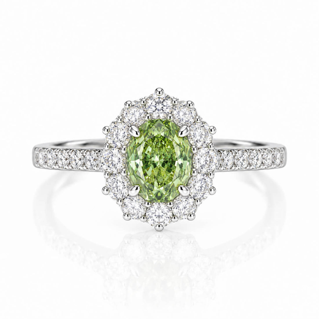 Halo setting oval cut lab grown green diamond engagement ring