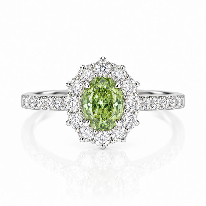 Halo setting oval cut lab grown green diamond engagement ring