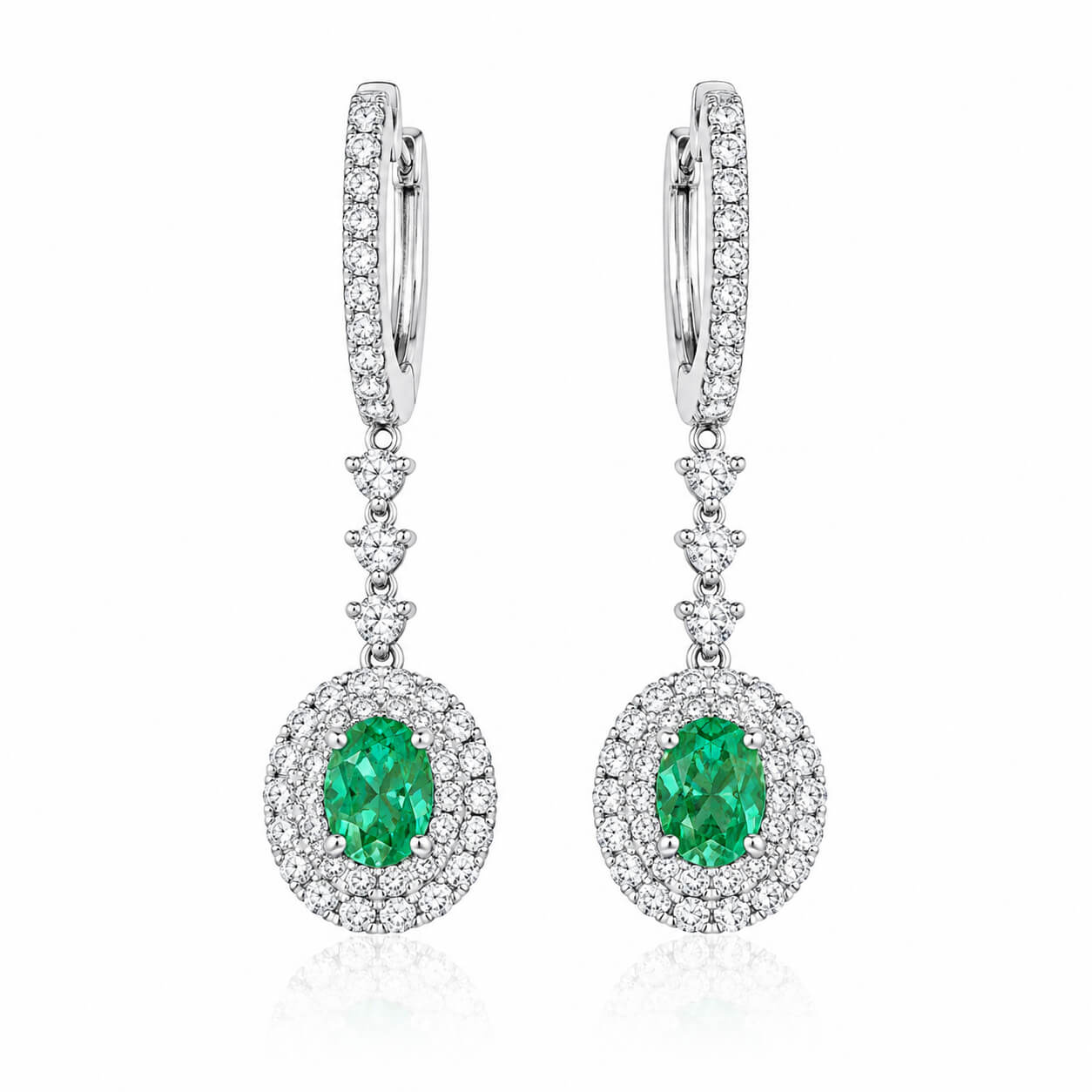 Halo setting oval cut lab grown green diamond hoop earrings