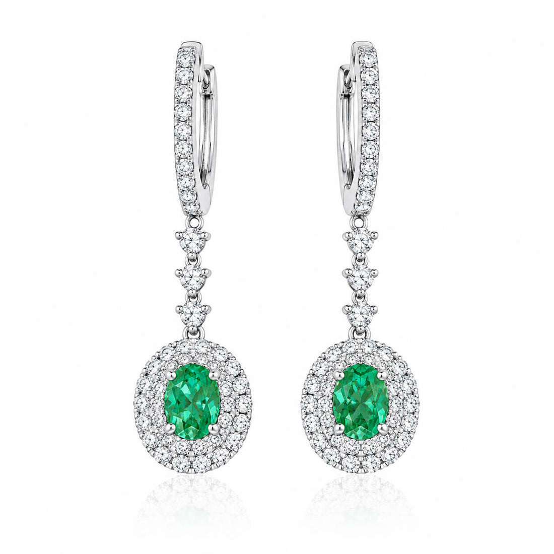 Halo setting oval cut lab grown green diamond hoop earrings