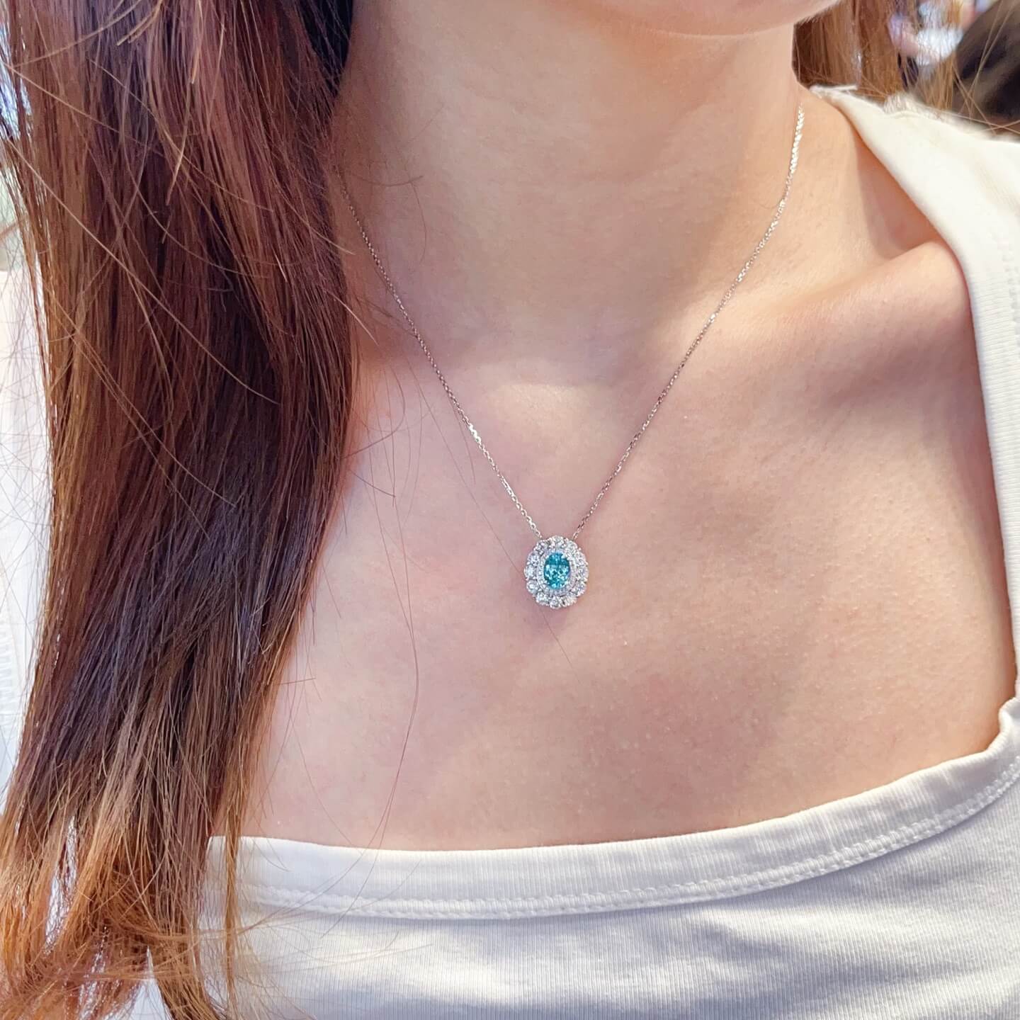 Halo setting oval cut lab grown paraiba pendant necklace