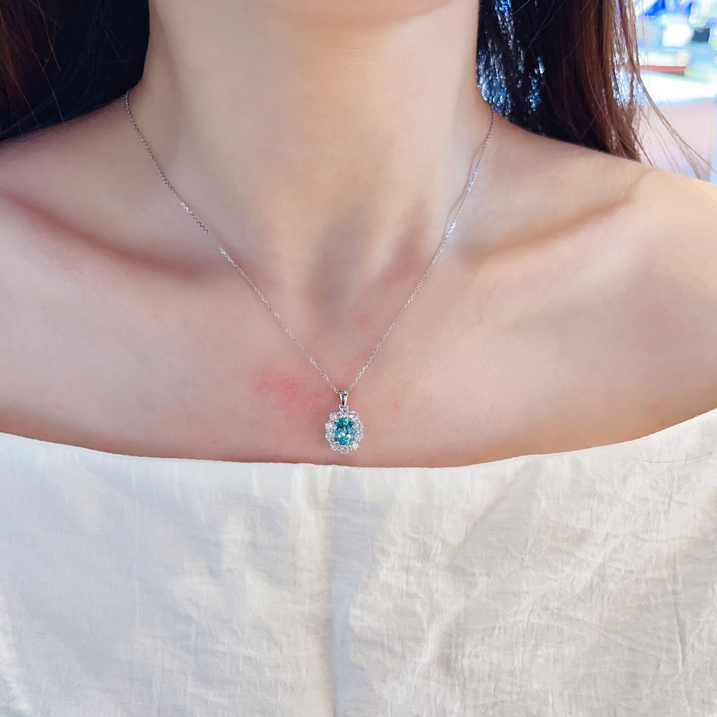Halo setting oval cut lab grown paraiba pendant necklace